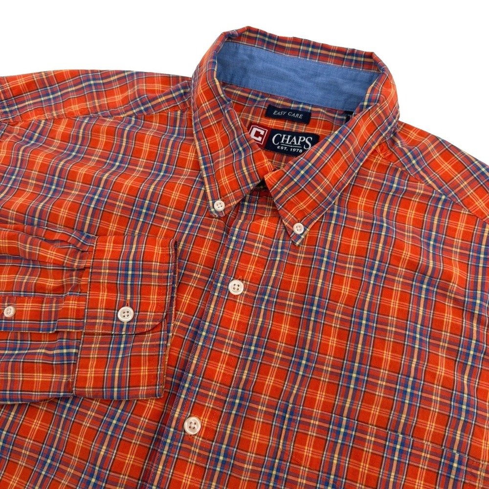Chaps Shirt Mens XLT Orange Plaid Easy Care Tall Long Sleeve Casual Button Down